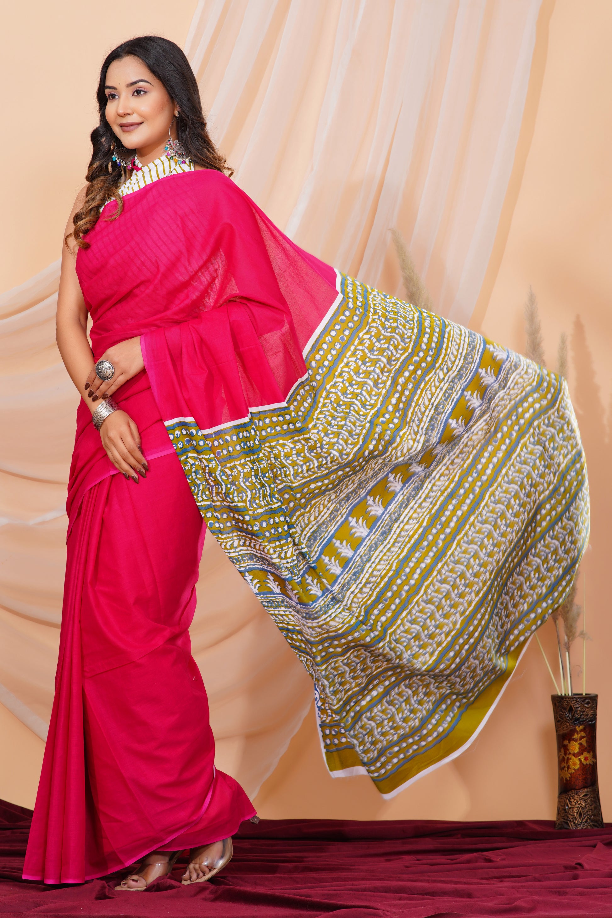Jaipuri Hand Block Print Pure Soft Cotton Mulmul Saree With Blouse Piece