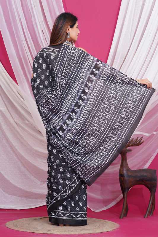 Jaipuri Hand Block Print Pure Soft Cotton Mulmul Saree With Blouse Piece (Black)