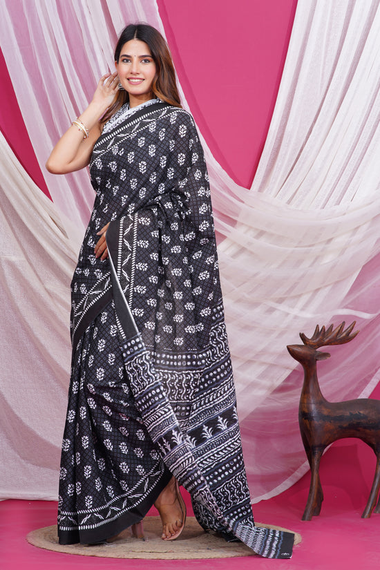 Jaipuri Hand Block Print Pure Soft Cotton Mulmul Saree With Blouse Piece (Black)