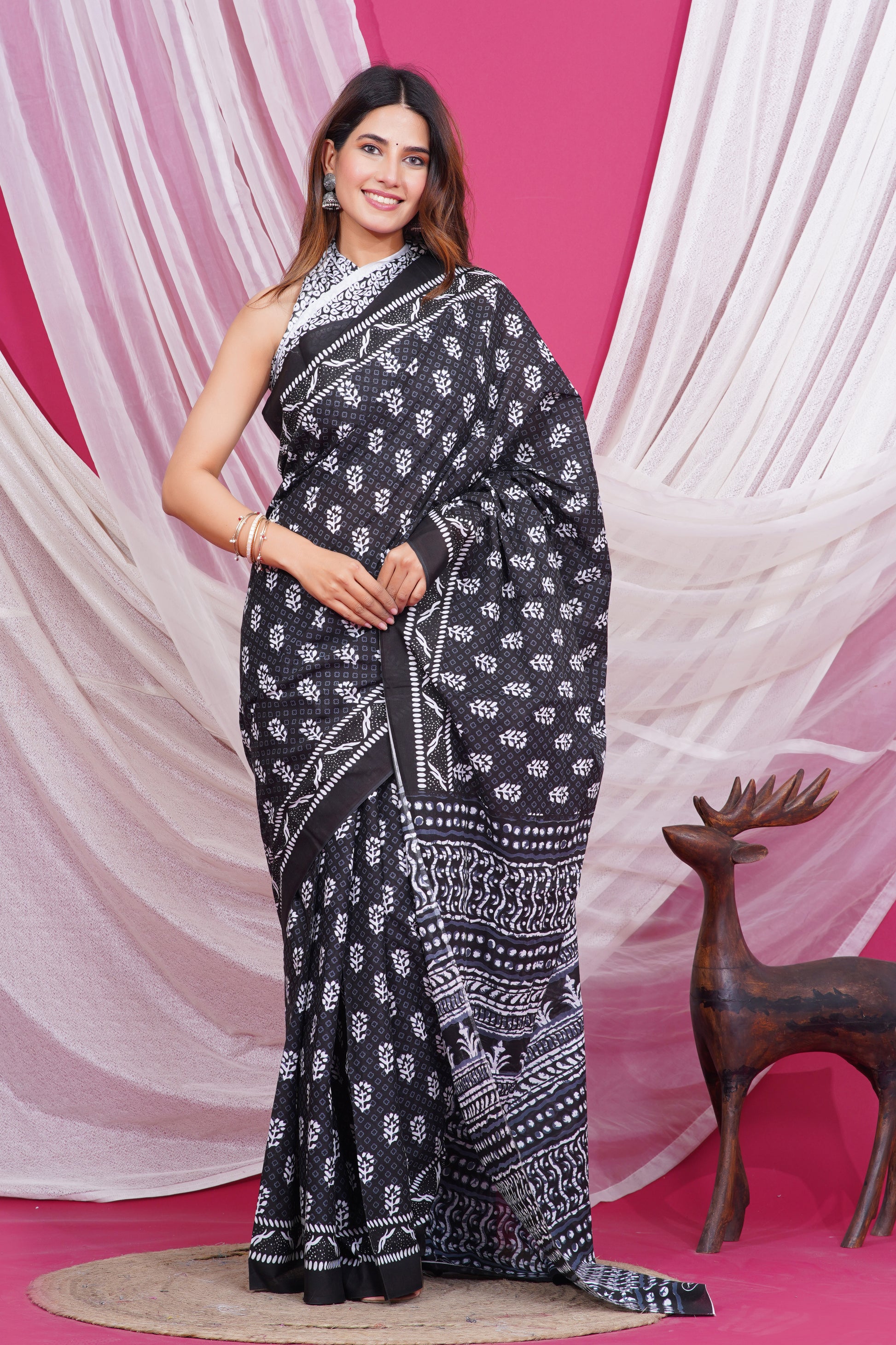 Jaipuri Hand Block Print Pure Soft Cotton Mulmul Saree With Blouse Piece (Black)