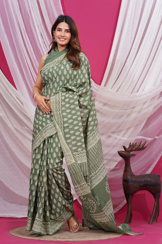 Hand Block Print Pure Soft Cotton Mulmul Saree With Blouse Piece