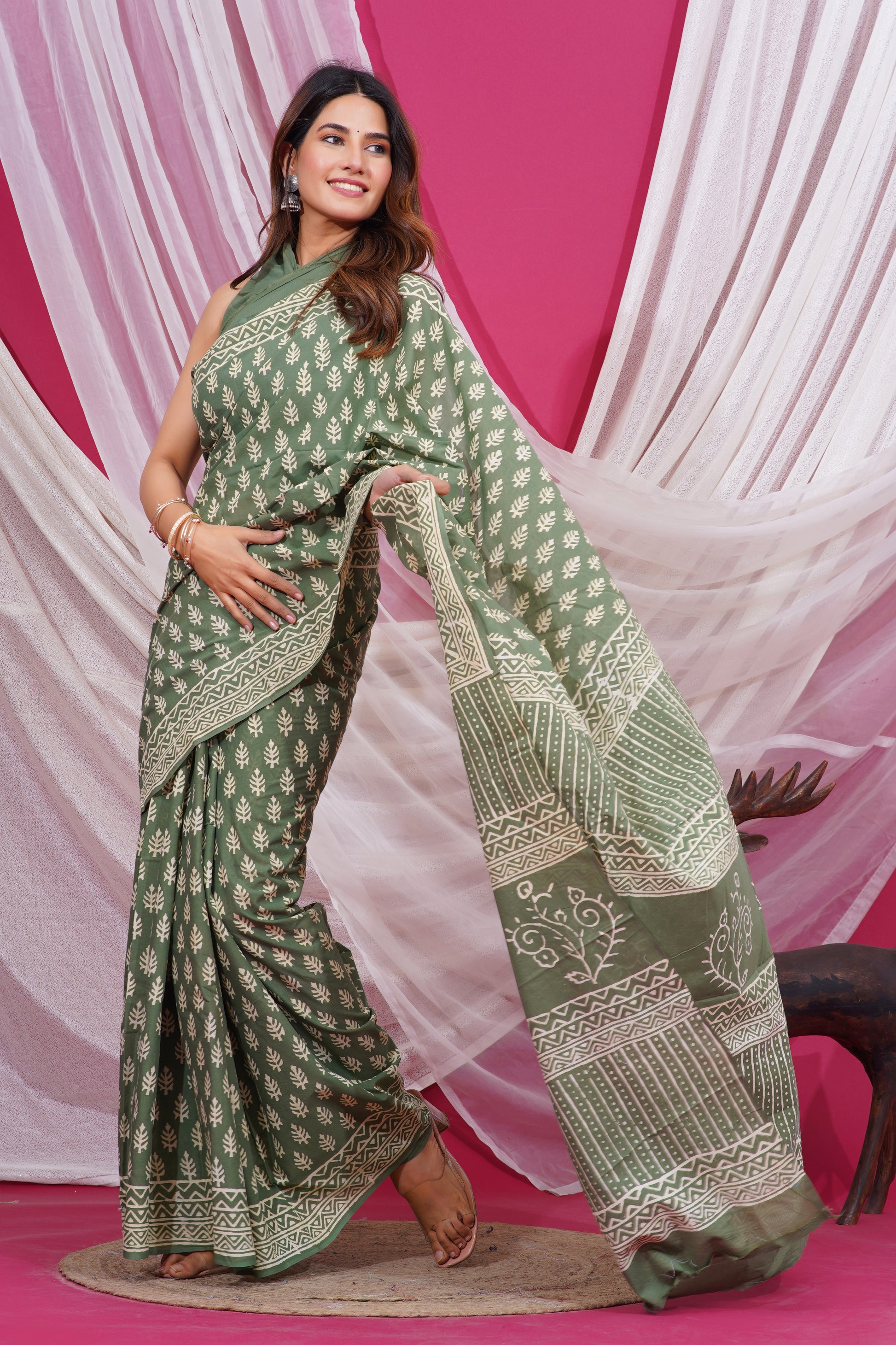 Hand Block Print Pure Soft Cotton Mulmul Saree With Blouse Piece