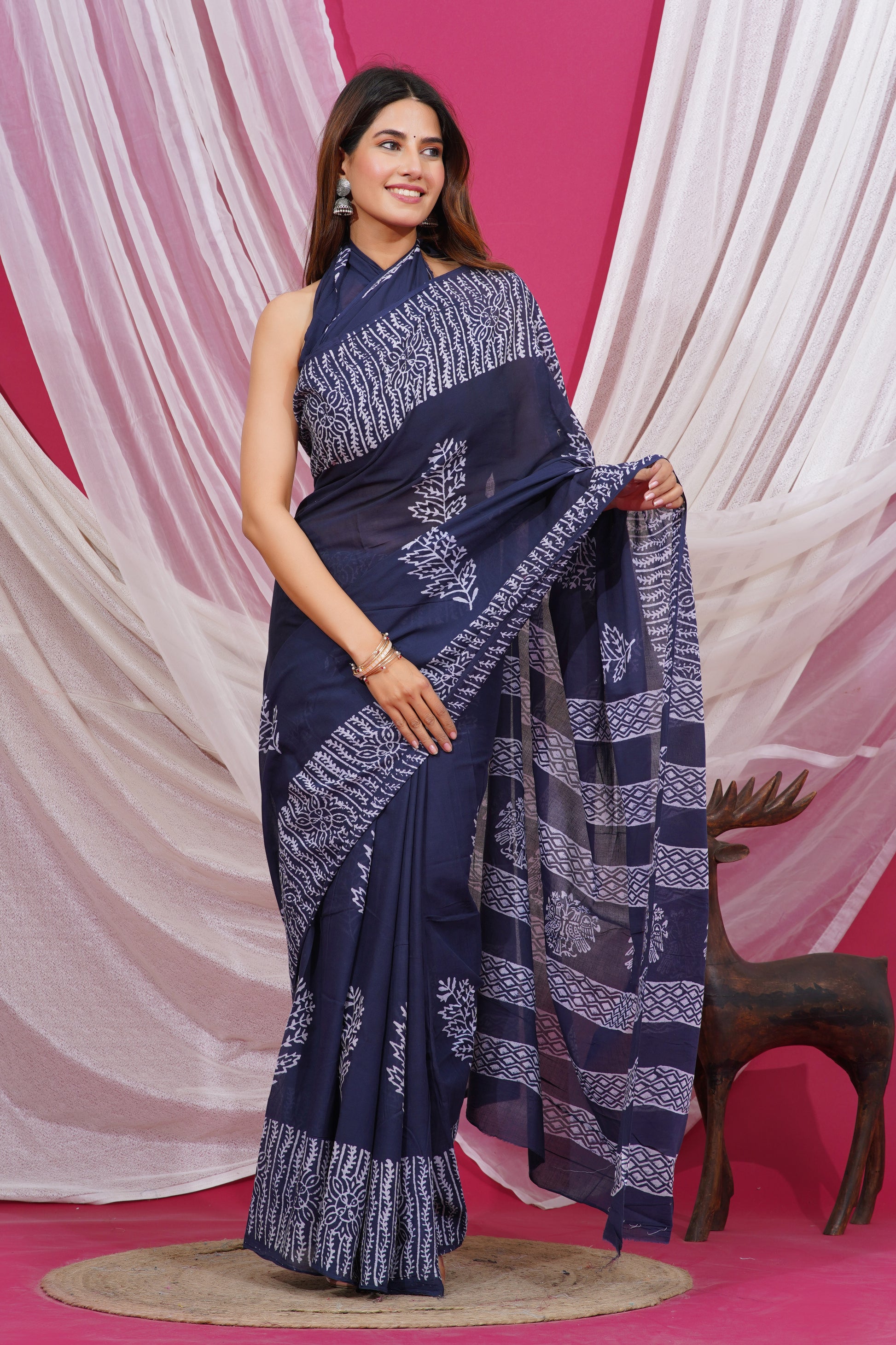 Jaipuri Hand Block Print Pure Soft Cotton Mulmul Saree With Blouse Piece (Royal Blue)