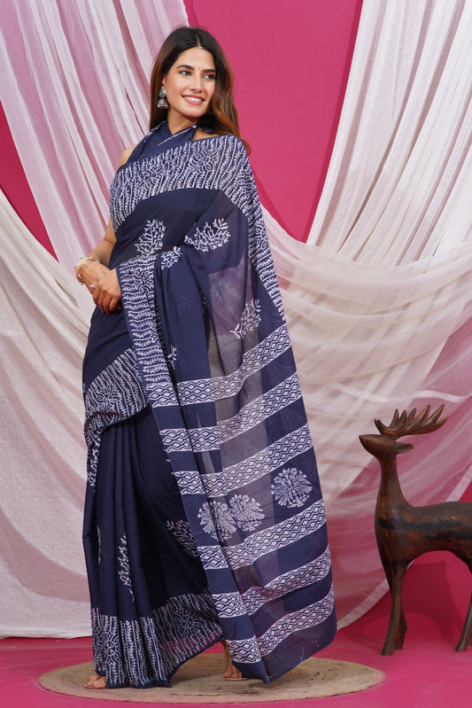Jaipuri Hand Block Print Pure Soft Cotton Mulmul Saree With Blouse Piece (Royal Blue)