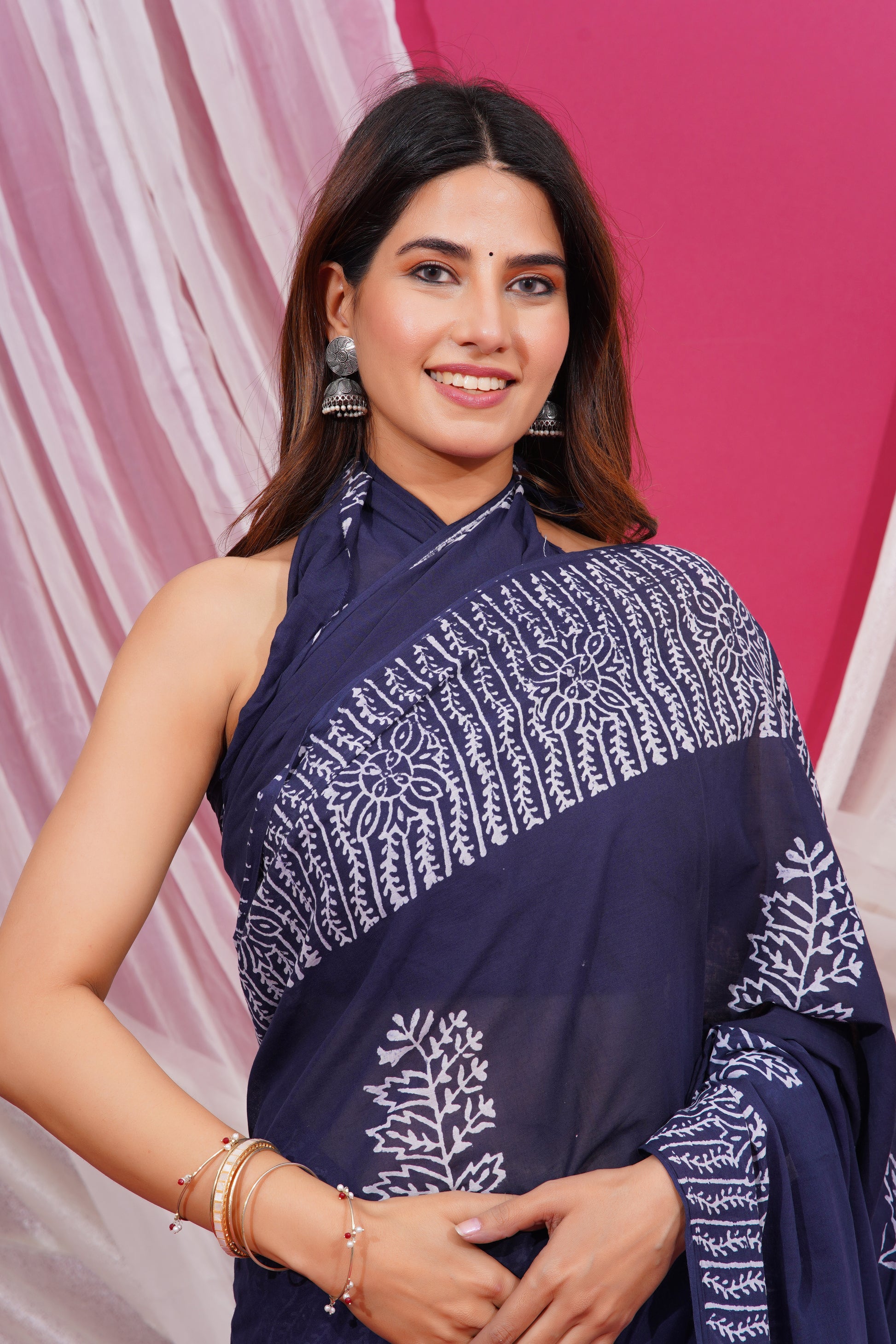 Jaipuri Hand Block Print Pure Soft Cotton Mulmul Saree With Blouse Piece (Royal Blue)