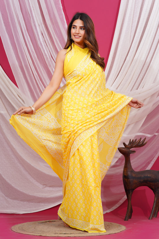 Jaipuri Hand Block Print Pure Soft Cotton Mulmul Saree With Blouse Piece