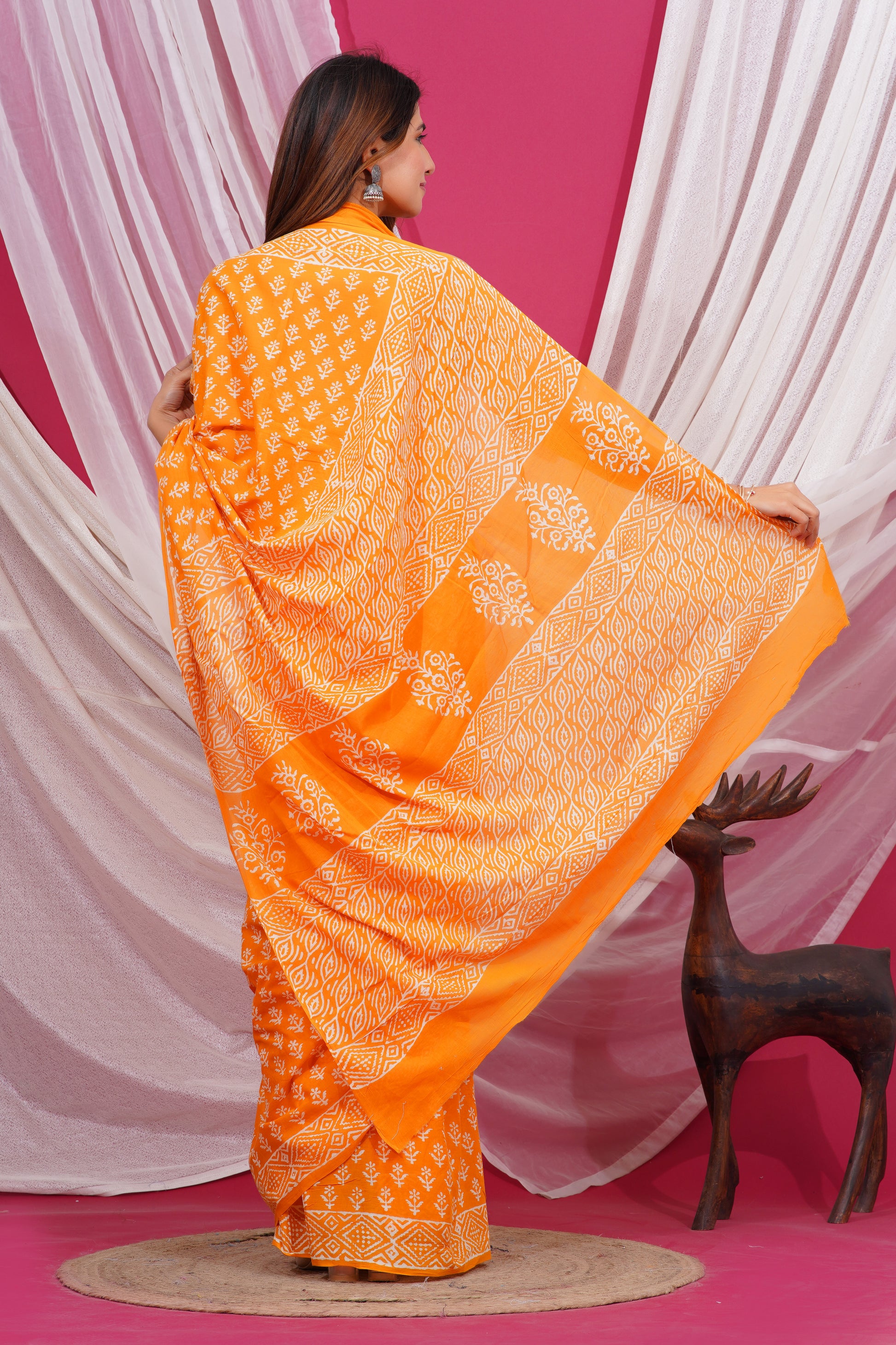 Jaipuri Hand Block Print Pure Soft Cotton Mulmul Saree With Blouse Piece (safron)
