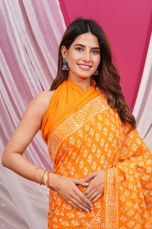 Jaipuri Hand Block Print Pure Soft Cotton Mulmul Saree With Blouse Piece (safron)