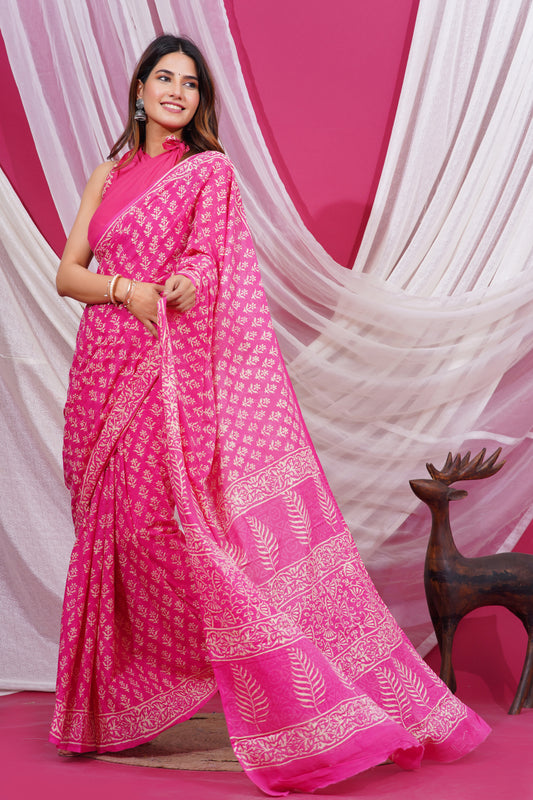 Jaipuri Hand Block Print Pure Soft Cotton Mulmul Saree With Blouse Piece(Pink)