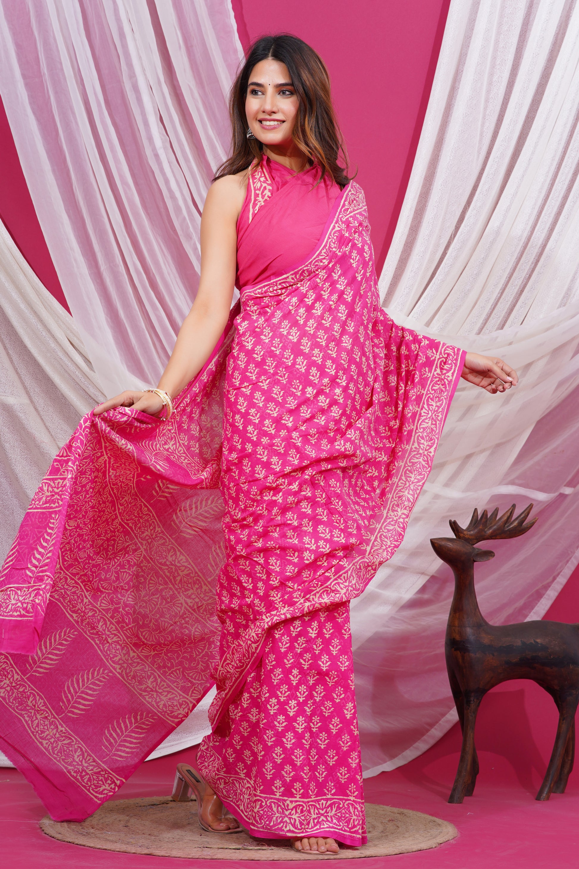 Jaipuri Hand Block Print Pure Soft Cotton Mulmul Saree With Blouse Piece(Pink)