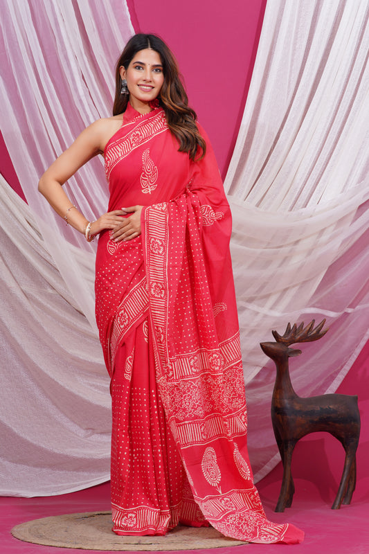 Jaipuri Hand Block Print Pure Soft Cotton Mulmul Saree With Blouse Piece