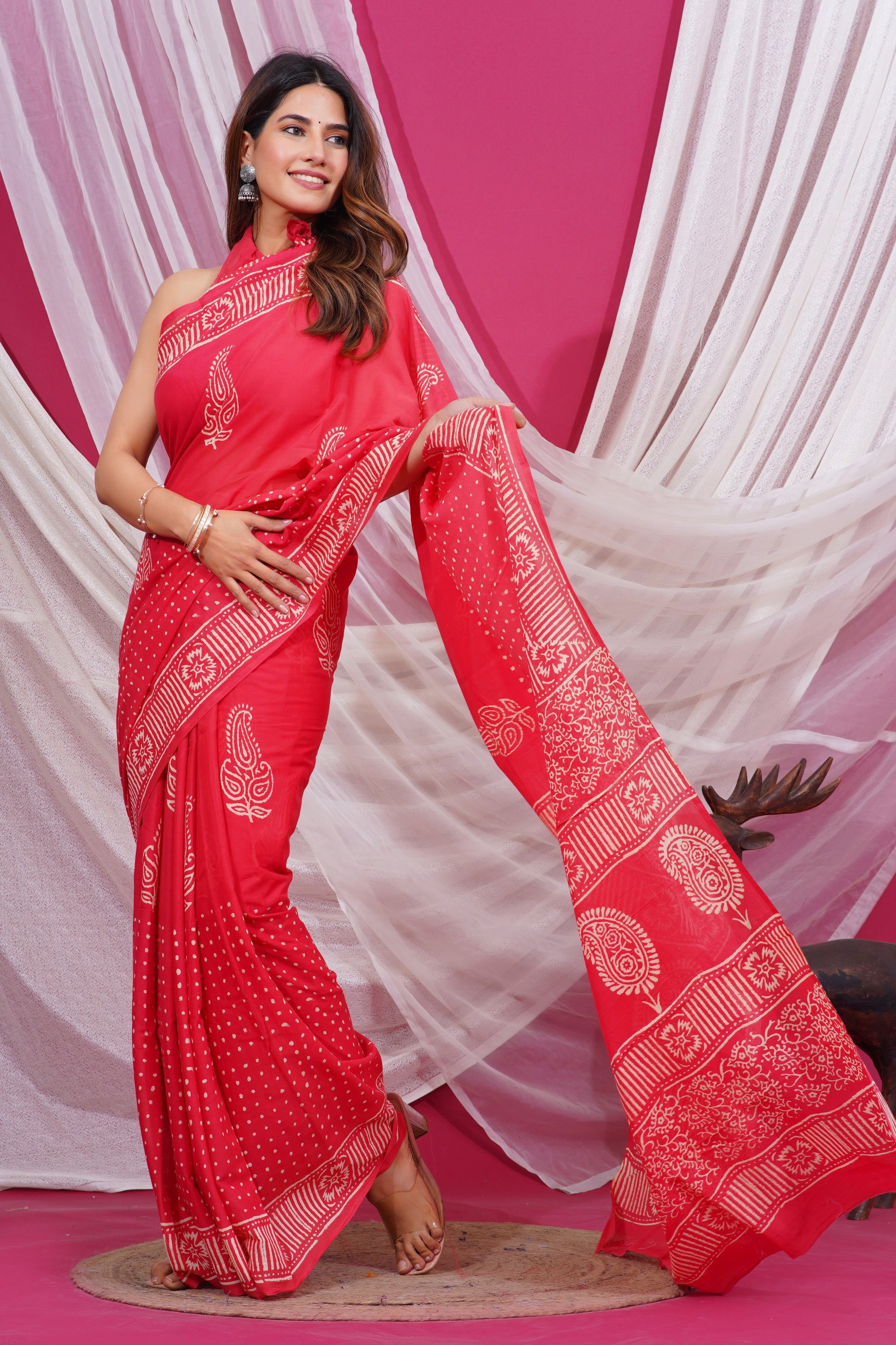 Jaipuri Hand Block Print Pure Soft Cotton Mulmul Saree With Blouse Piece