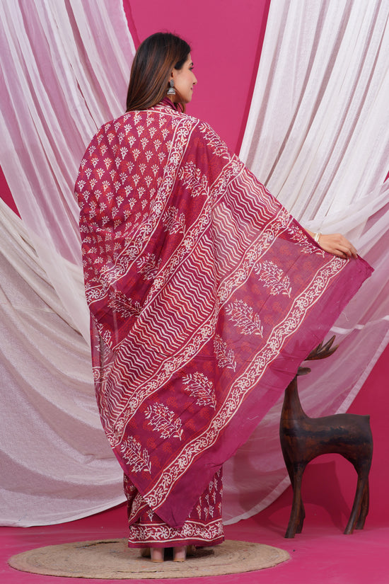 Jaipuri Hand Block Print Pure Soft Cotton Mulmul Saree With Blouse Piece