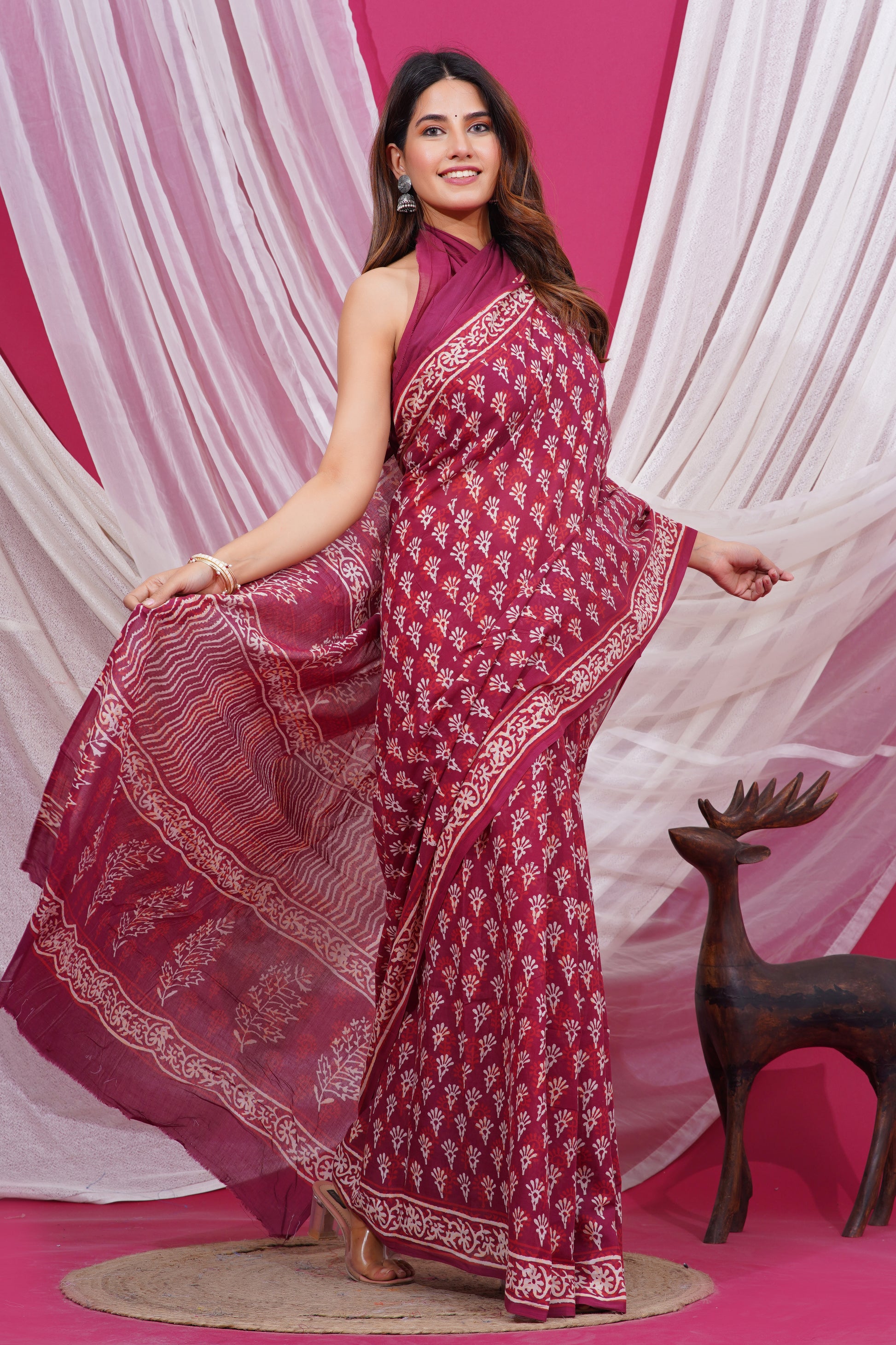 Jaipuri Hand Block Print Pure Soft Cotton Mulmul Saree With Blouse Piece