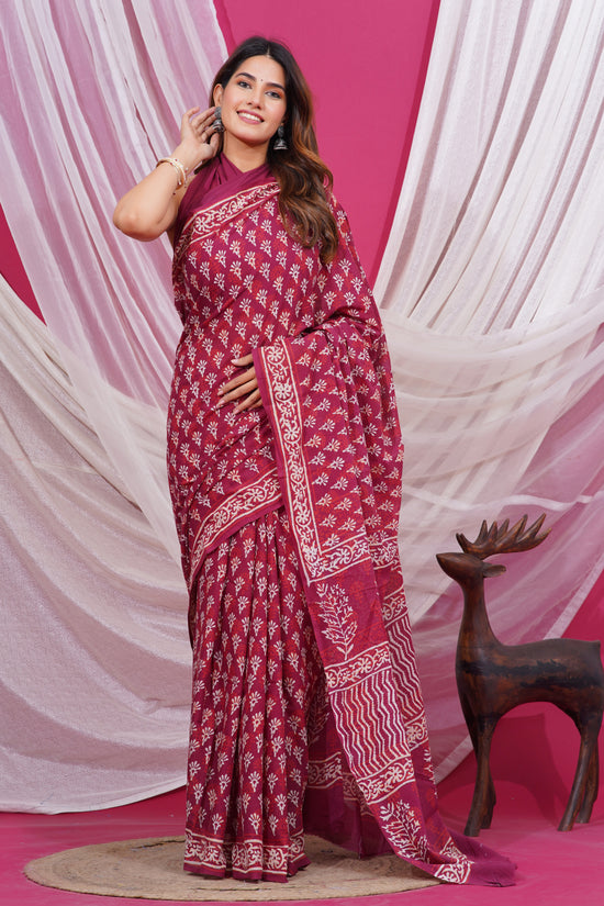 Jaipuri Hand Block Print Pure Soft Cotton Mulmul Saree With Blouse Piece