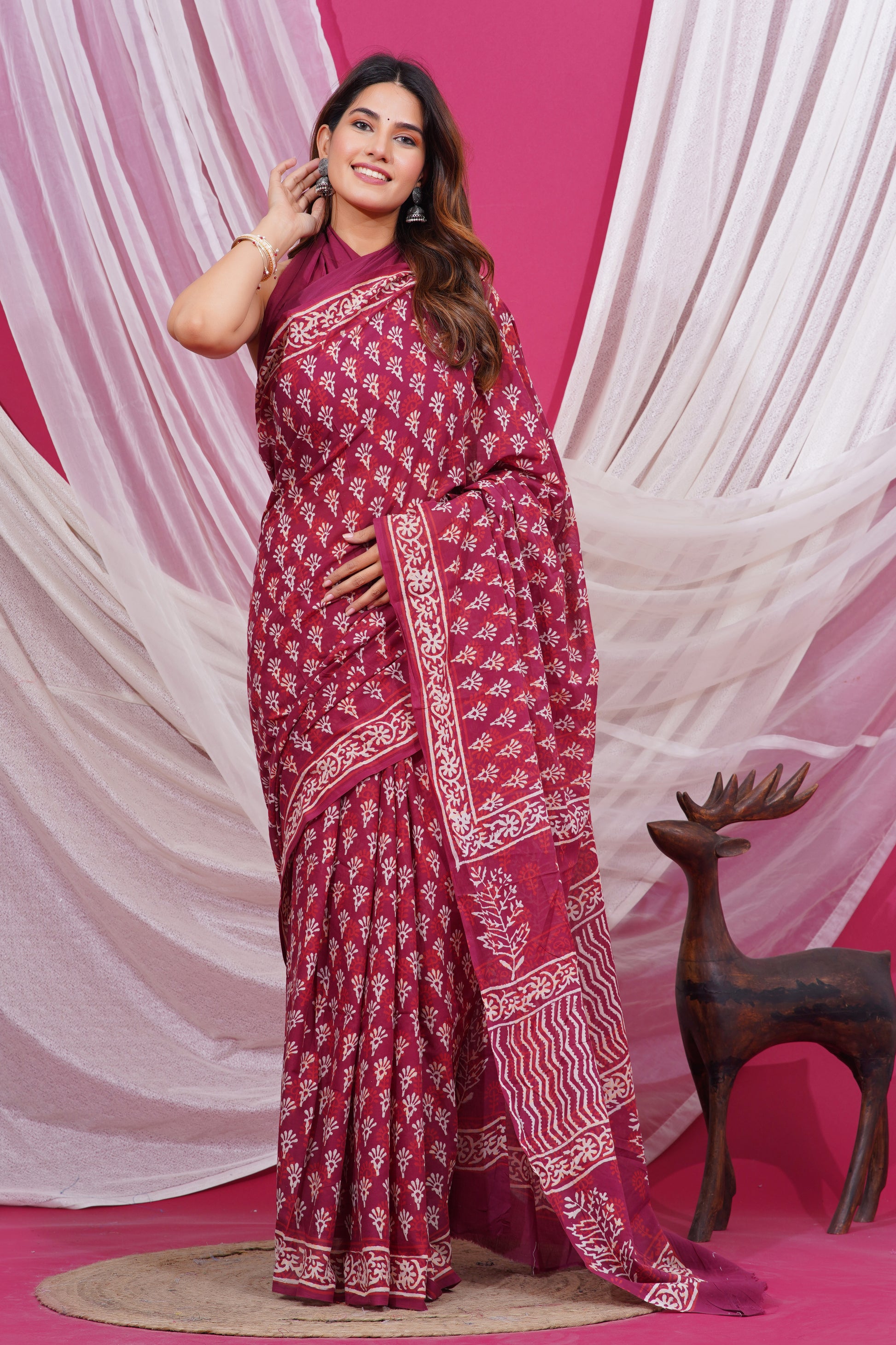 Jaipuri Hand Block Print Pure Soft Cotton Mulmul Saree With Blouse Piece