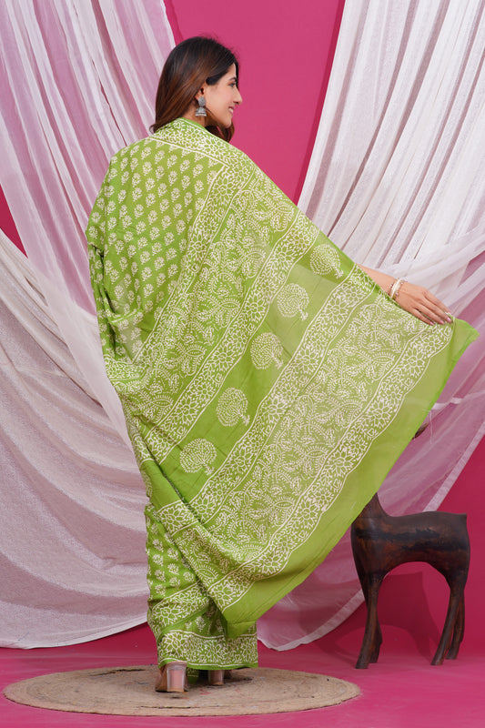 Jaipuri Hand Block Print Pure Soft Cotton Mulmul Saree With Blouse Piece