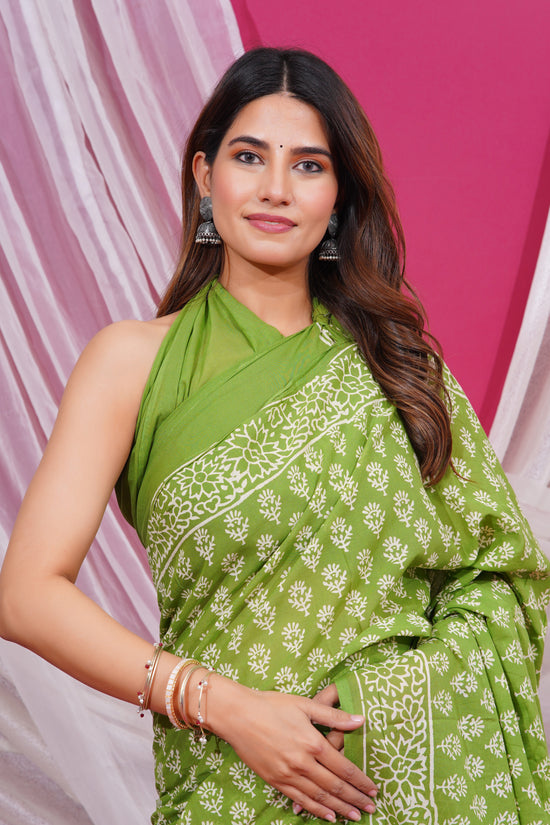 Jaipuri Hand Block Print Pure Soft Cotton Mulmul Saree With Blouse Piece (green)