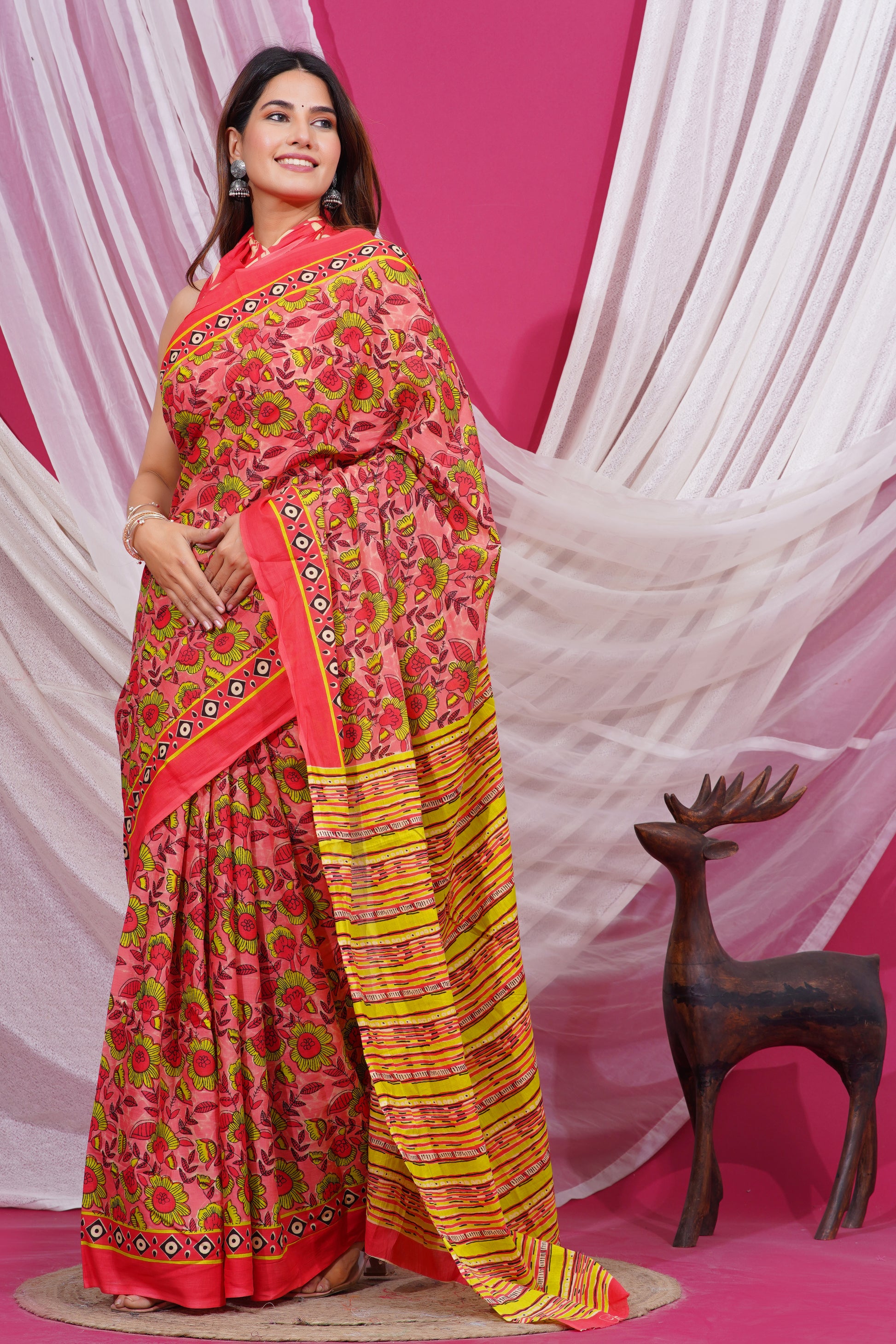 Jaipuri Hand Block Print Pure Soft Cotton Mulmul Saree With Blouse Piece(Multicolour)