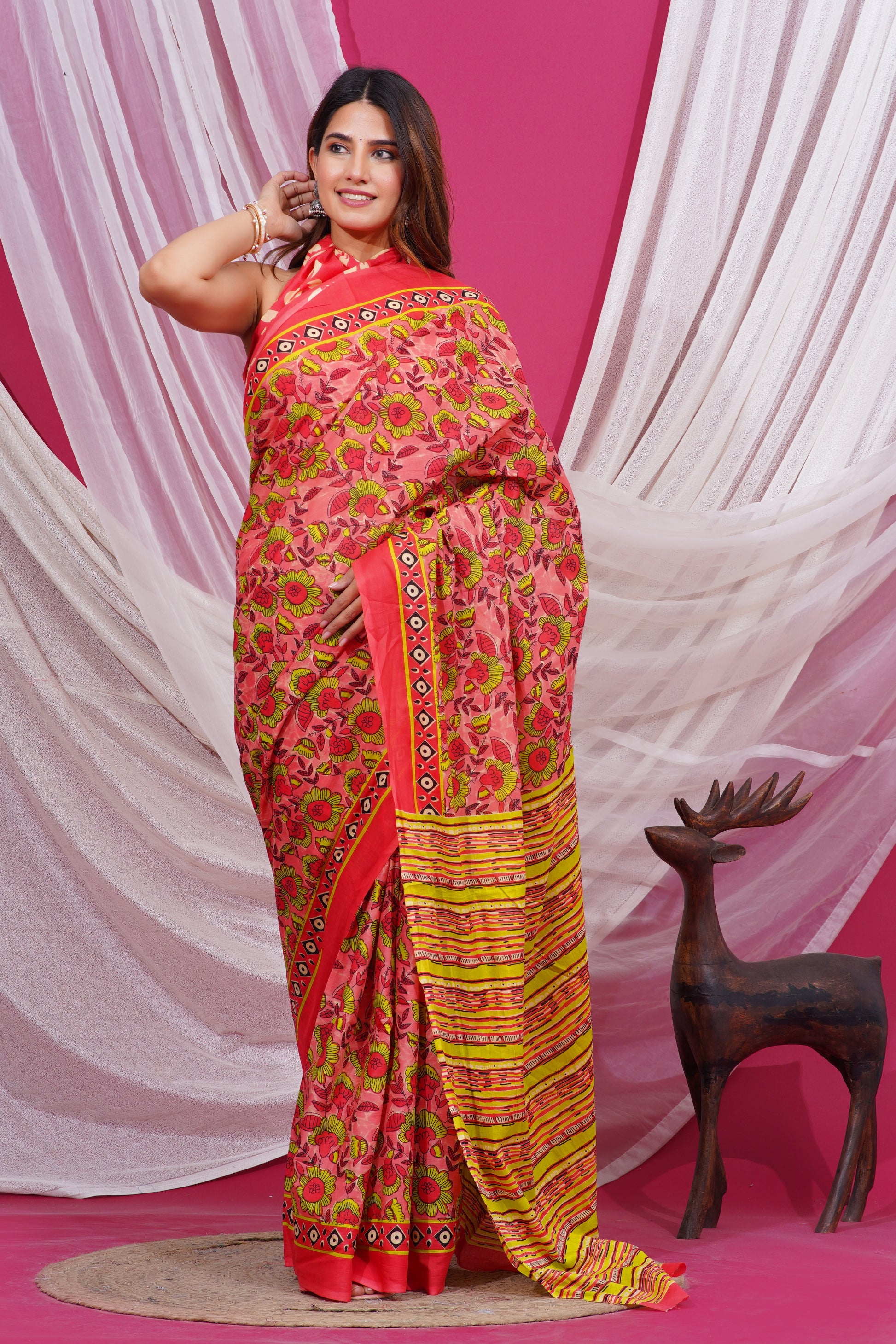 Jaipuri Hand Block Print Pure Soft Cotton Mulmul Saree With Blouse Piece(Multicolour)