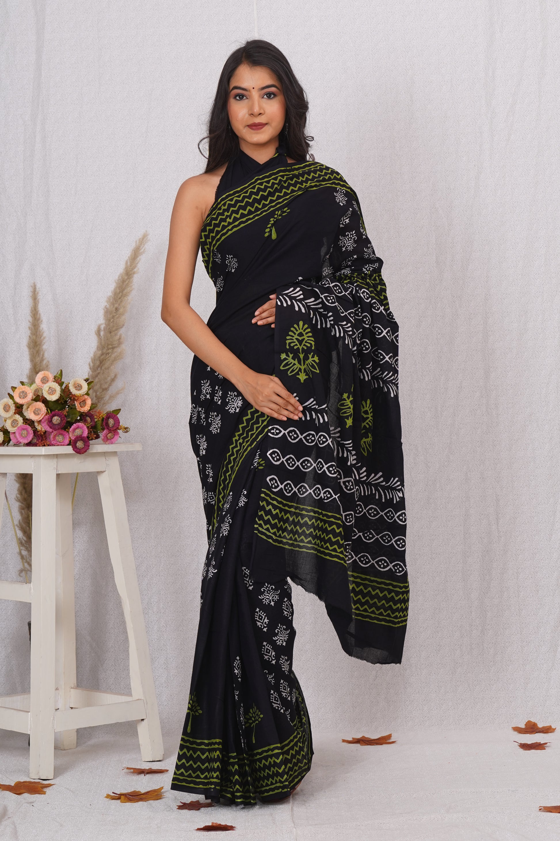Black with Yellow Print Cotton Mulmul Saree With Blouse Piece