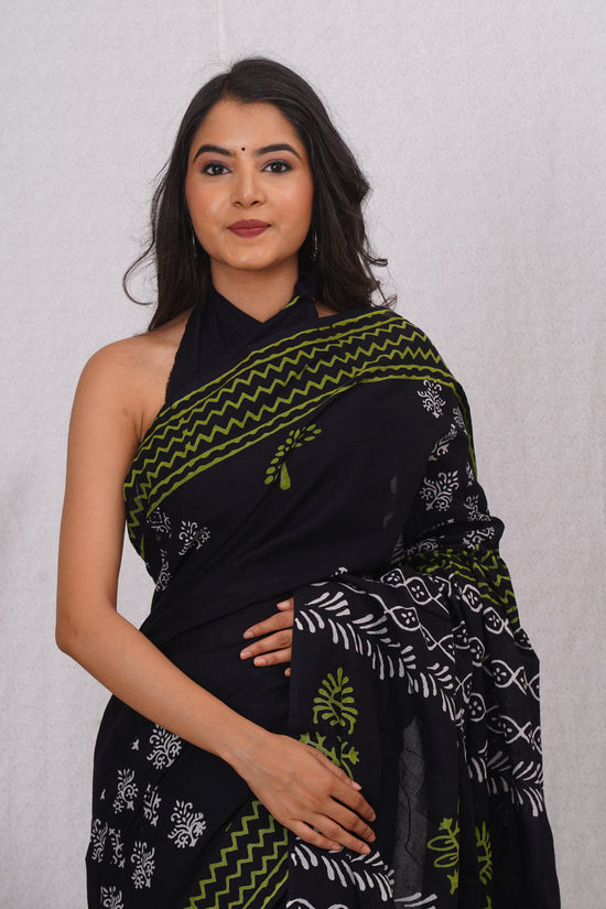 Black with Yellow Print Cotton Mulmul Saree With Blouse Piece