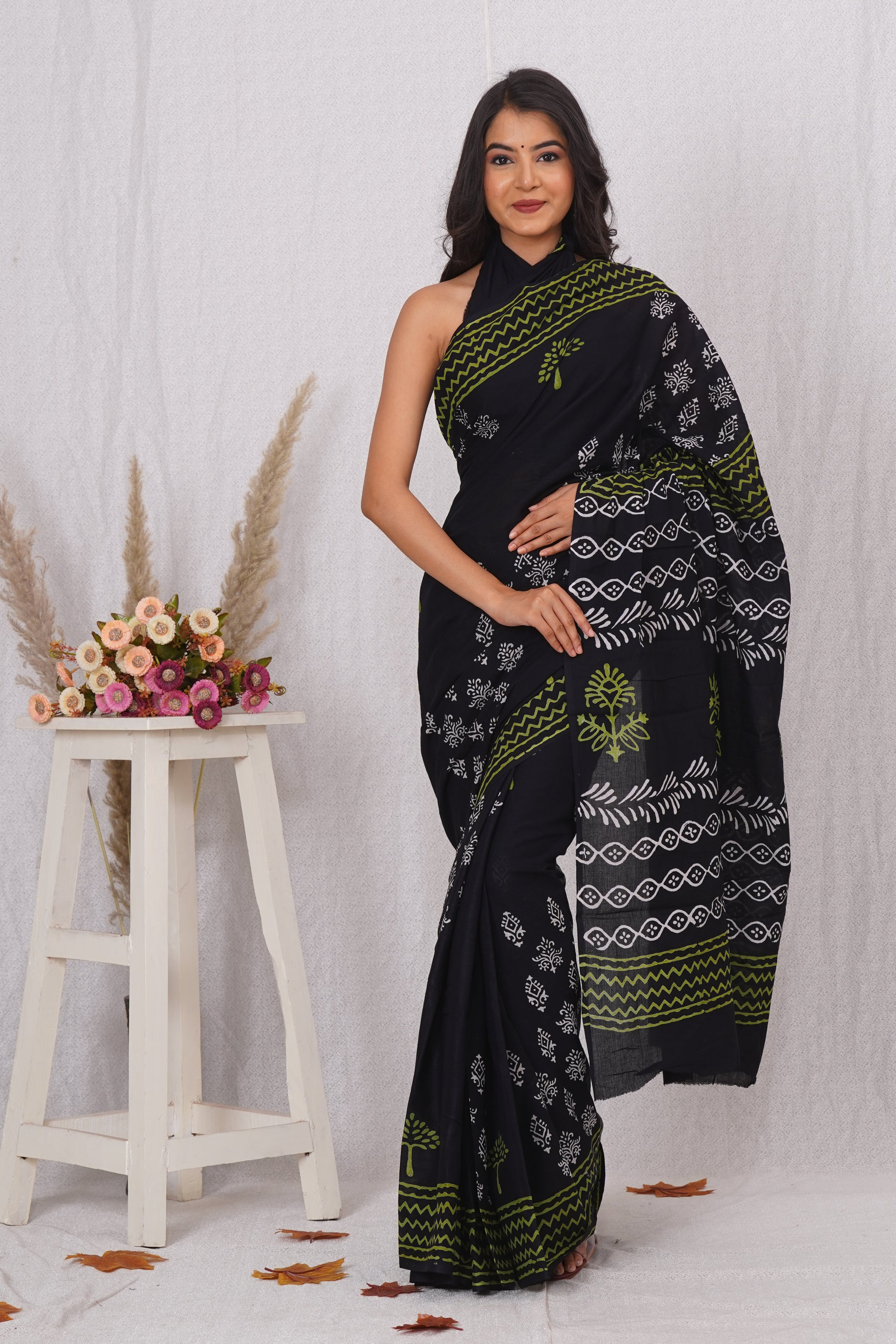 Black with Yellow Print Cotton Mulmul Saree With Blouse Piece
