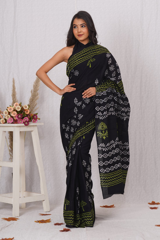 Black with Yellow Print Cotton Mulmul Saree With Blouse Piece