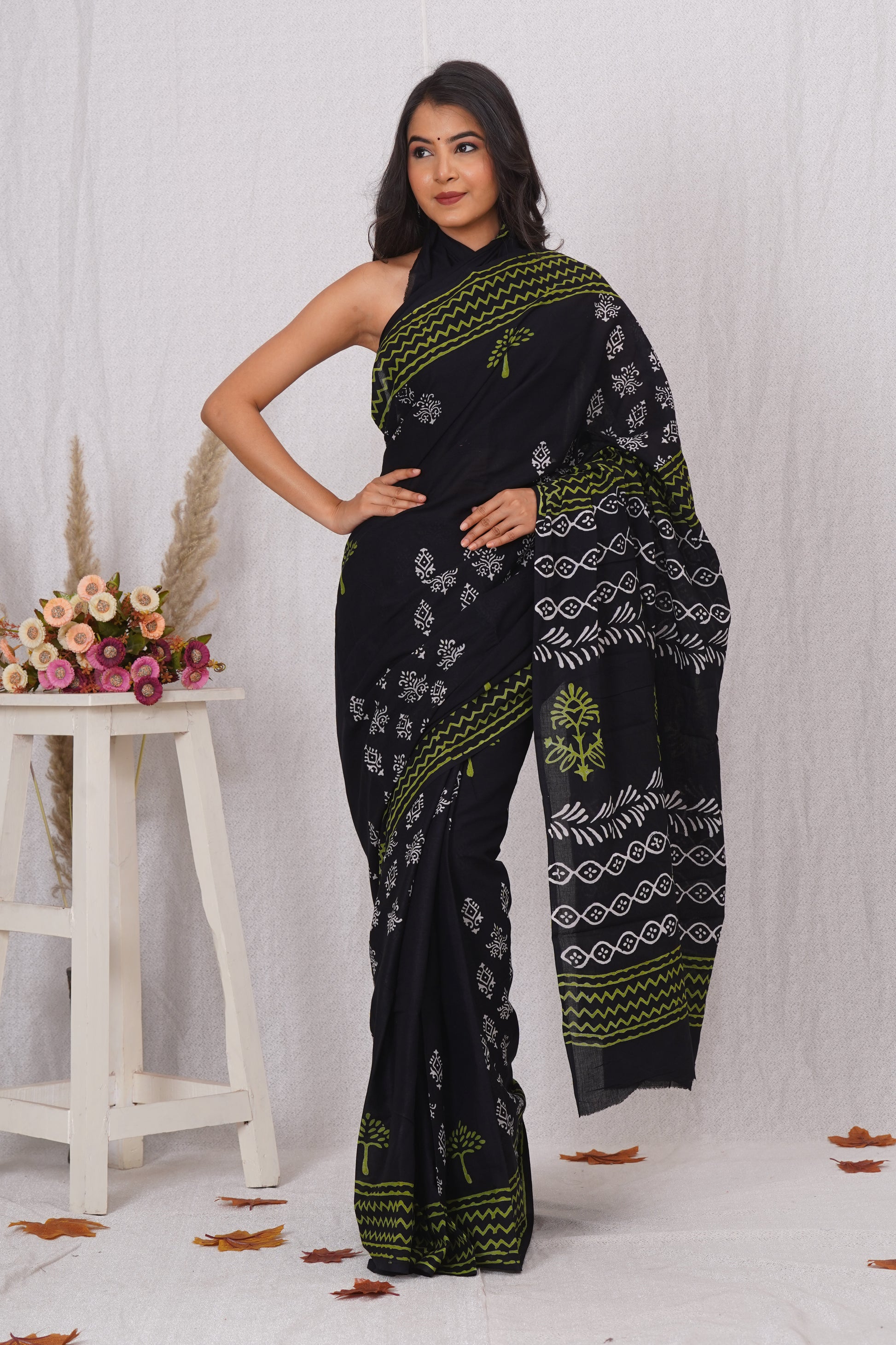 Black with Yellow Print Cotton Mulmul Saree With Blouse Piece