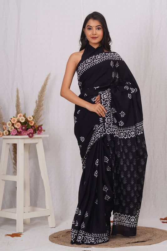 Black with White print Cotton Mulmul Saree With Blouse Piece