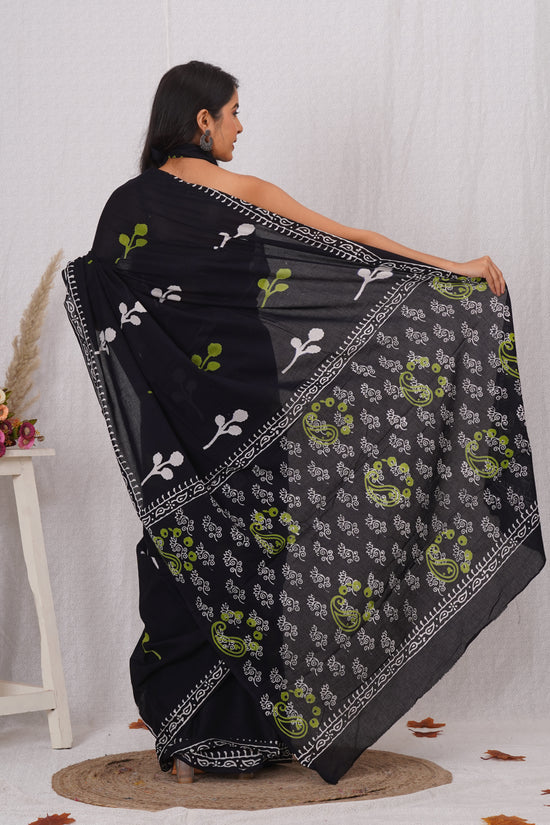 Black With Green and White Floral Print Cotton Mulmul Saree With Blouse Piece