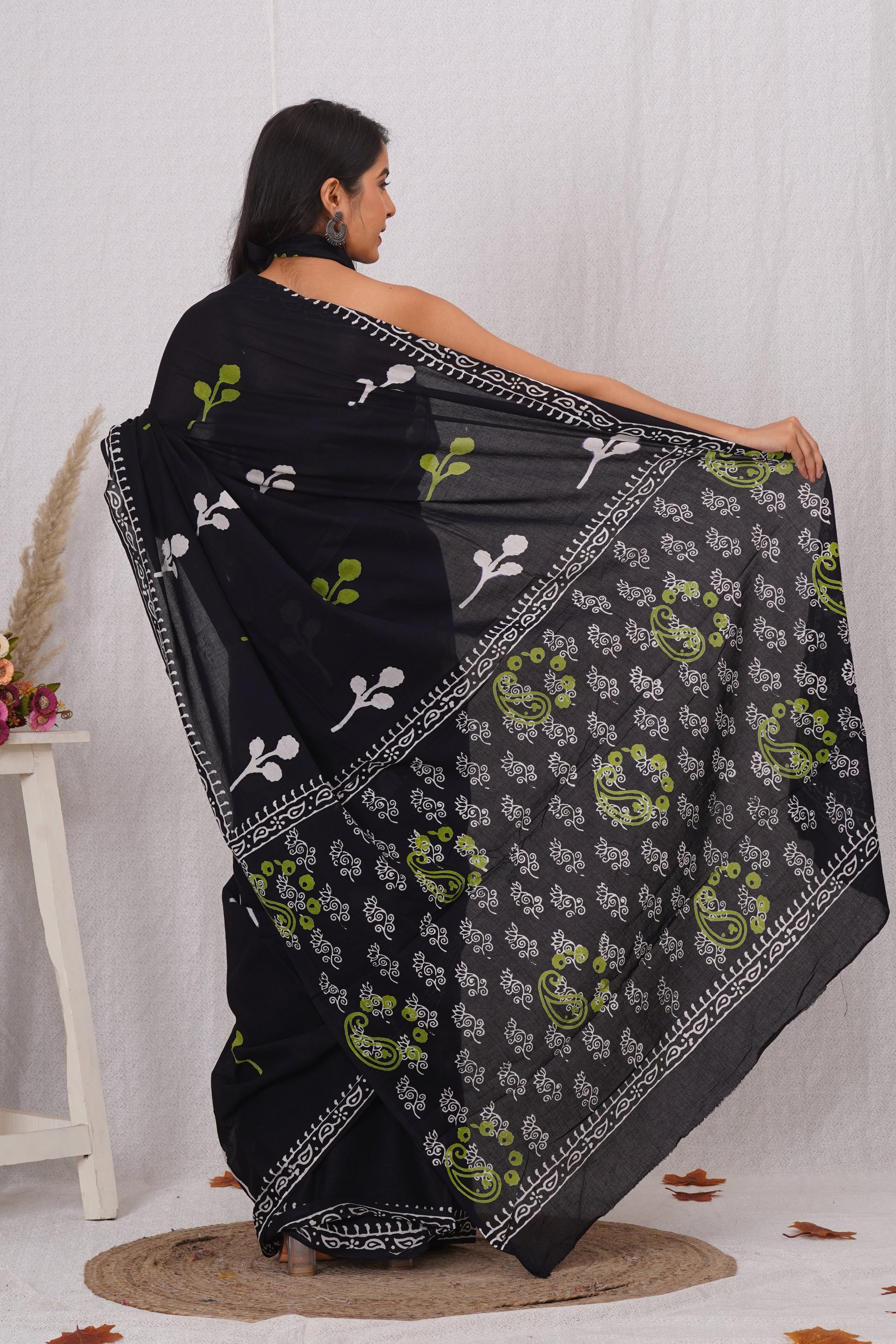 Black With Green and White Floral Print Cotton Mulmul Saree With Blouse Piece
