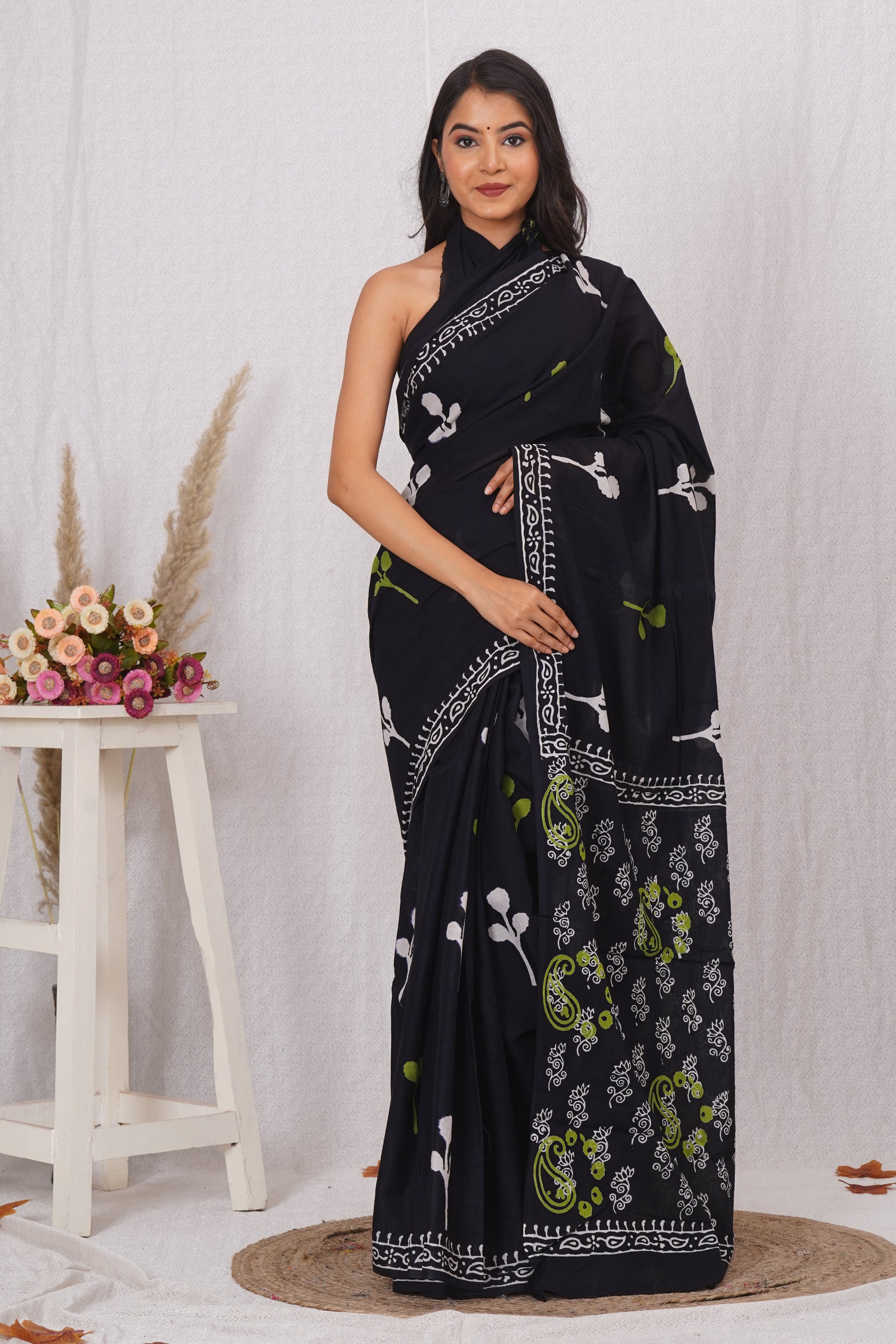 Black With Green and White Floral Print Cotton Mulmul Saree With Blouse Piece