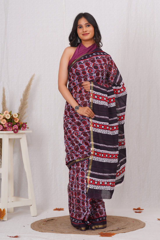 Wine Pure Soft Cotton Mulmul Saree with Zari Border and Blouse Piece – Hand Block Printed with Organic Vegetable Dyes
