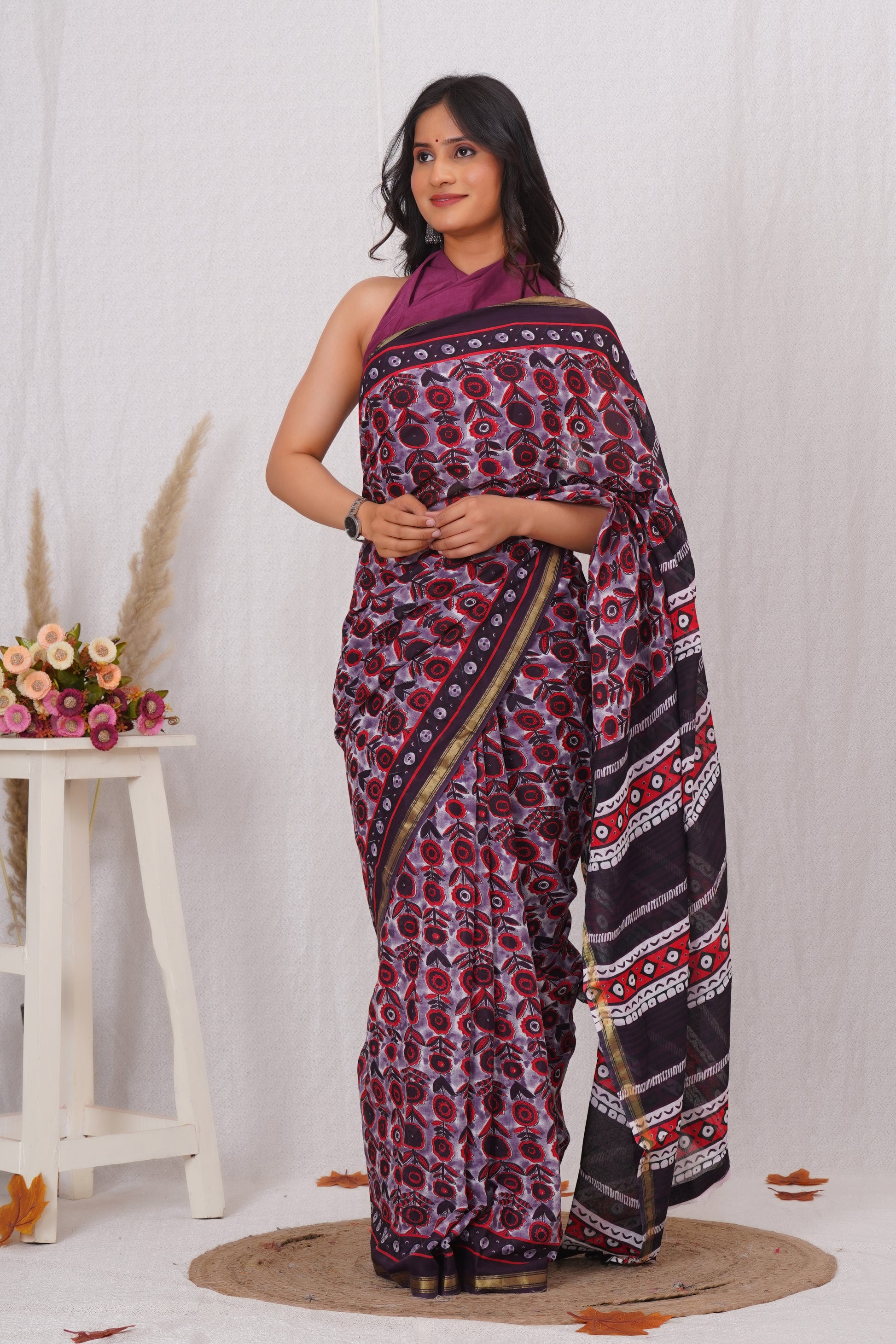 Wine Pure Soft Cotton Mulmul Saree with Zari Border and Blouse Piece – Hand Block Printed with Organic Vegetable Dyes