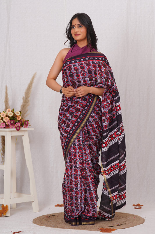Wine Pure Soft Cotton Mulmul Saree with Zari Border and Blouse Piece – Hand Block Printed with Organic Vegetable Dyes