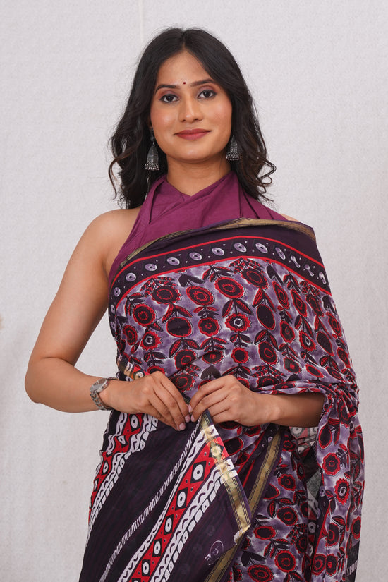Wine Pure Soft Cotton Mulmul Saree with Zari Border and Blouse Piece – Hand Block Printed with Organic Vegetable Dyes