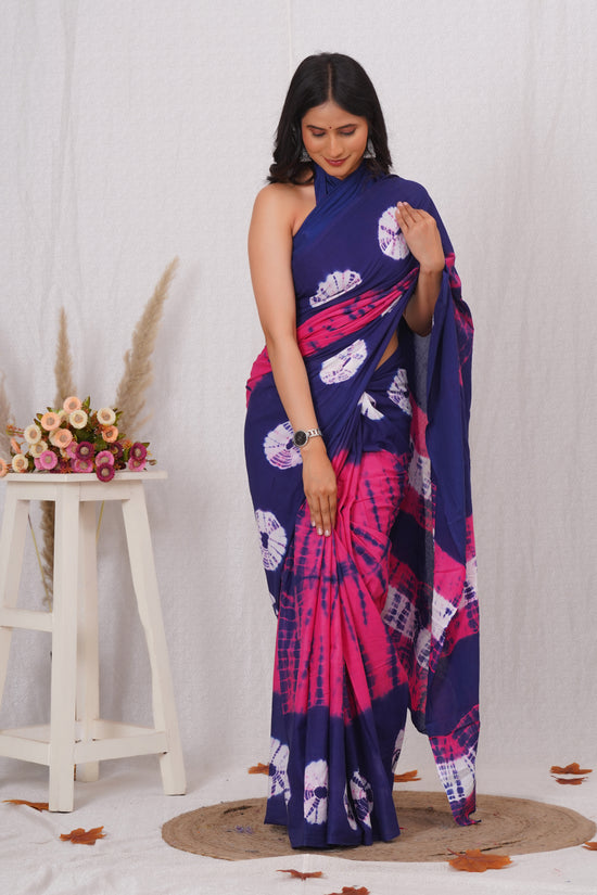 Navy Blue and Pink Cotton Mulmul Saree With Blouse Piece