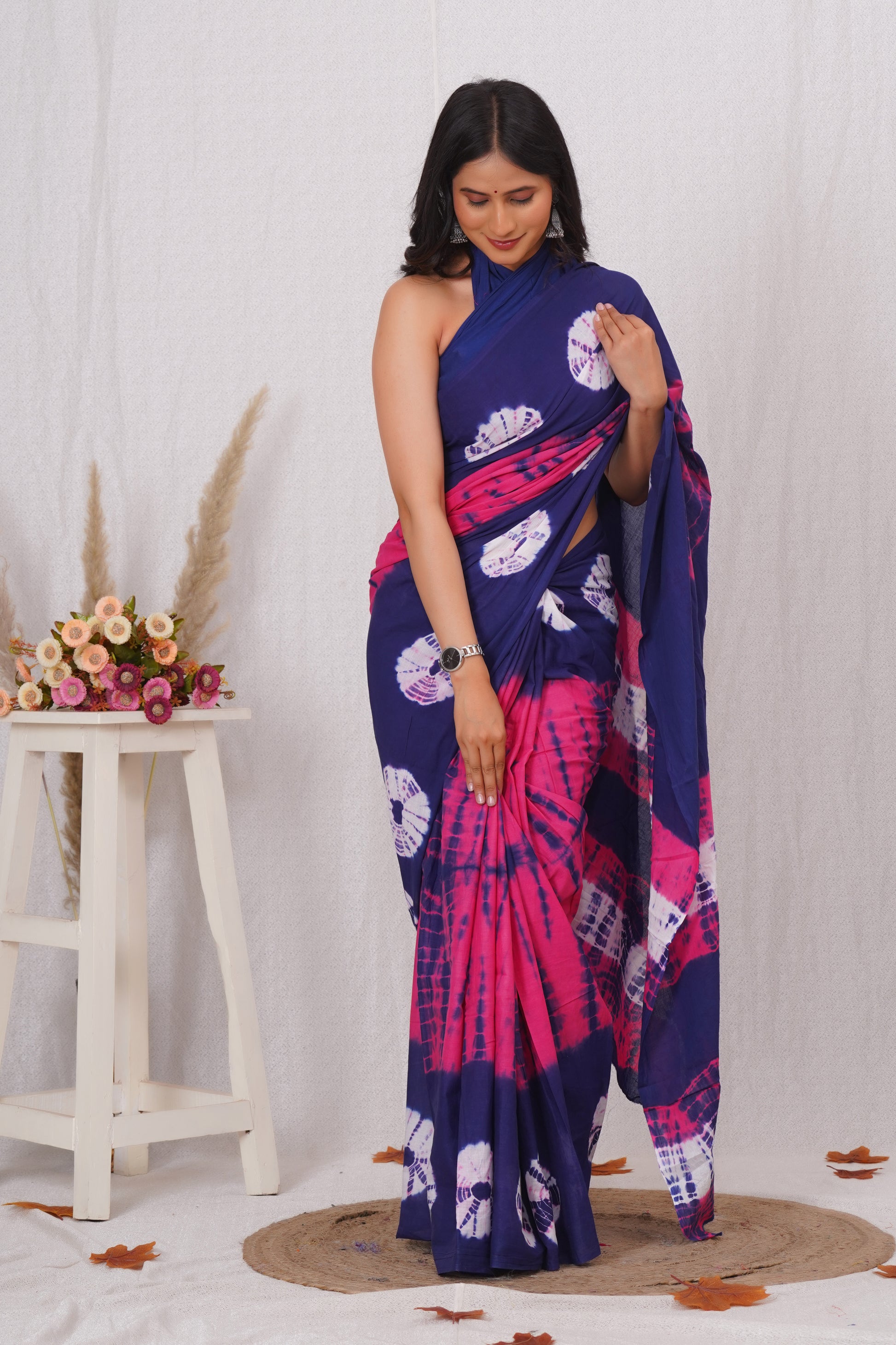 Navy Blue and Pink Cotton Mulmul Saree With Blouse Piece