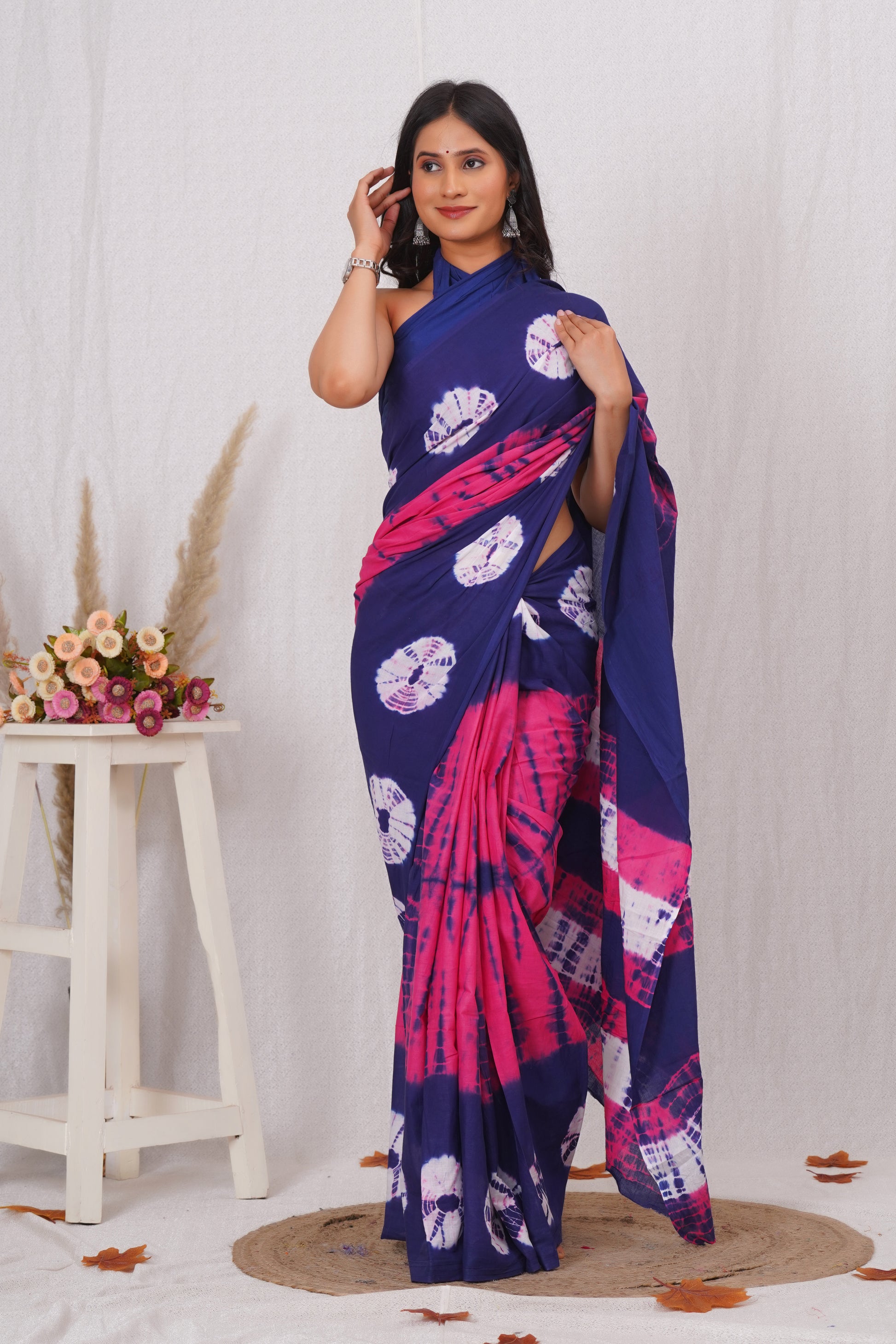 Navy Blue and Pink Cotton Mulmul Saree With Blouse Piece