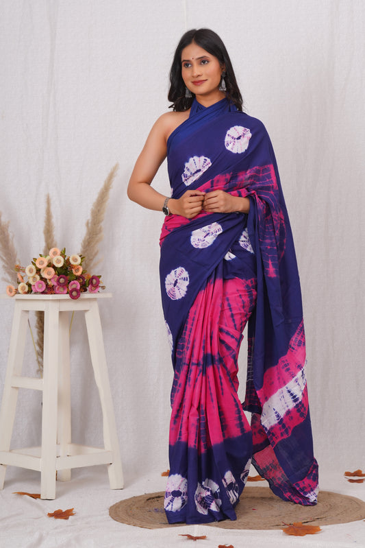Navy Blue and Pink Cotton Mulmul Saree With Blouse Piece