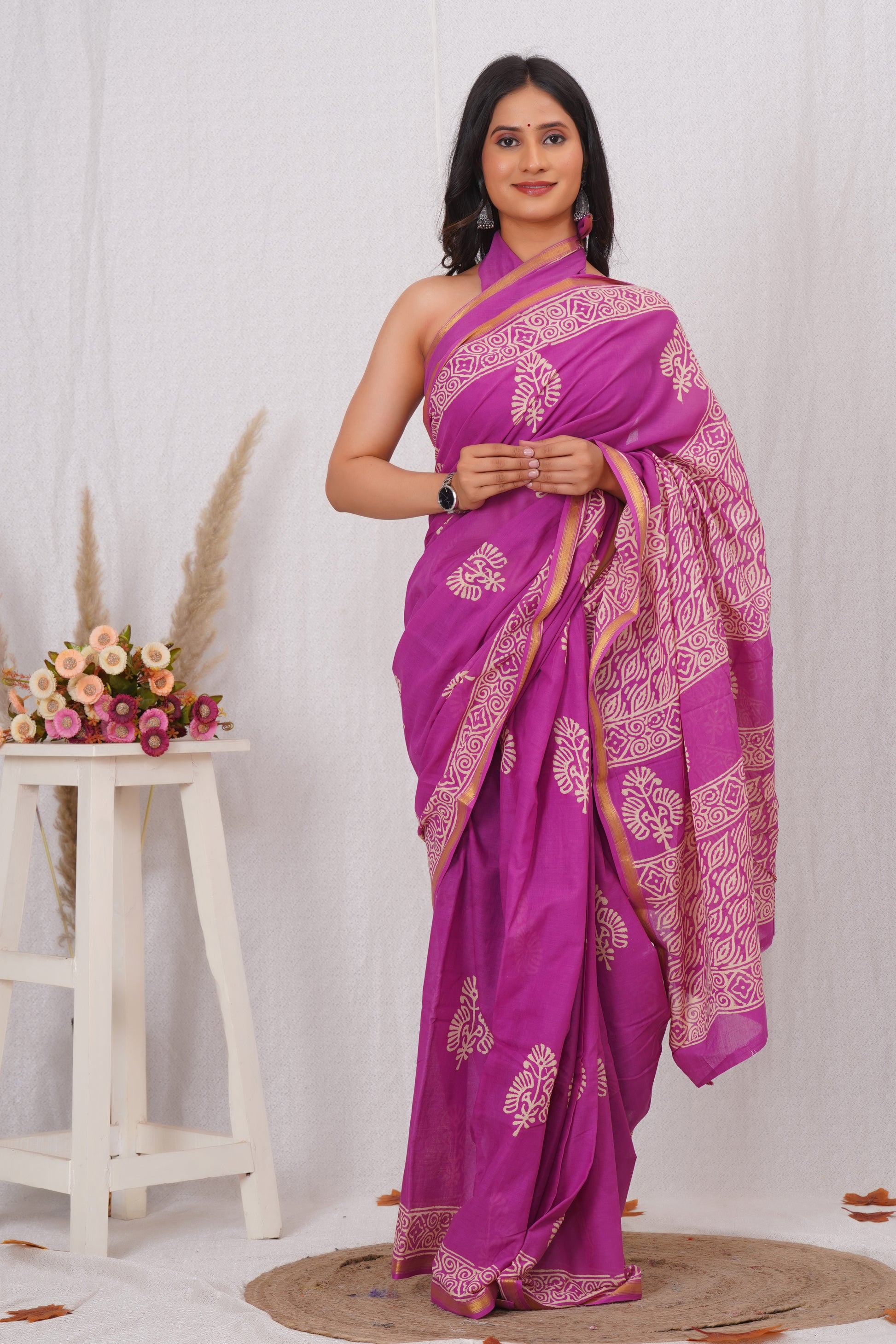 Magenta Pure Soft Cotton Mulmul Saree with Zari Border and Blouse Piece – Hand Block Printed with Organic Vegetable Dyes