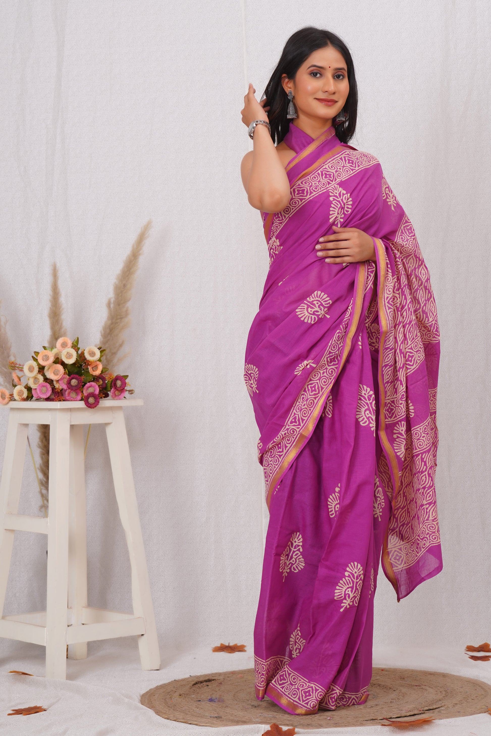 Magenta Pure Soft Cotton Mulmul Saree with Zari Border and Blouse Piece – Hand Block Printed with Organic Vegetable Dyes