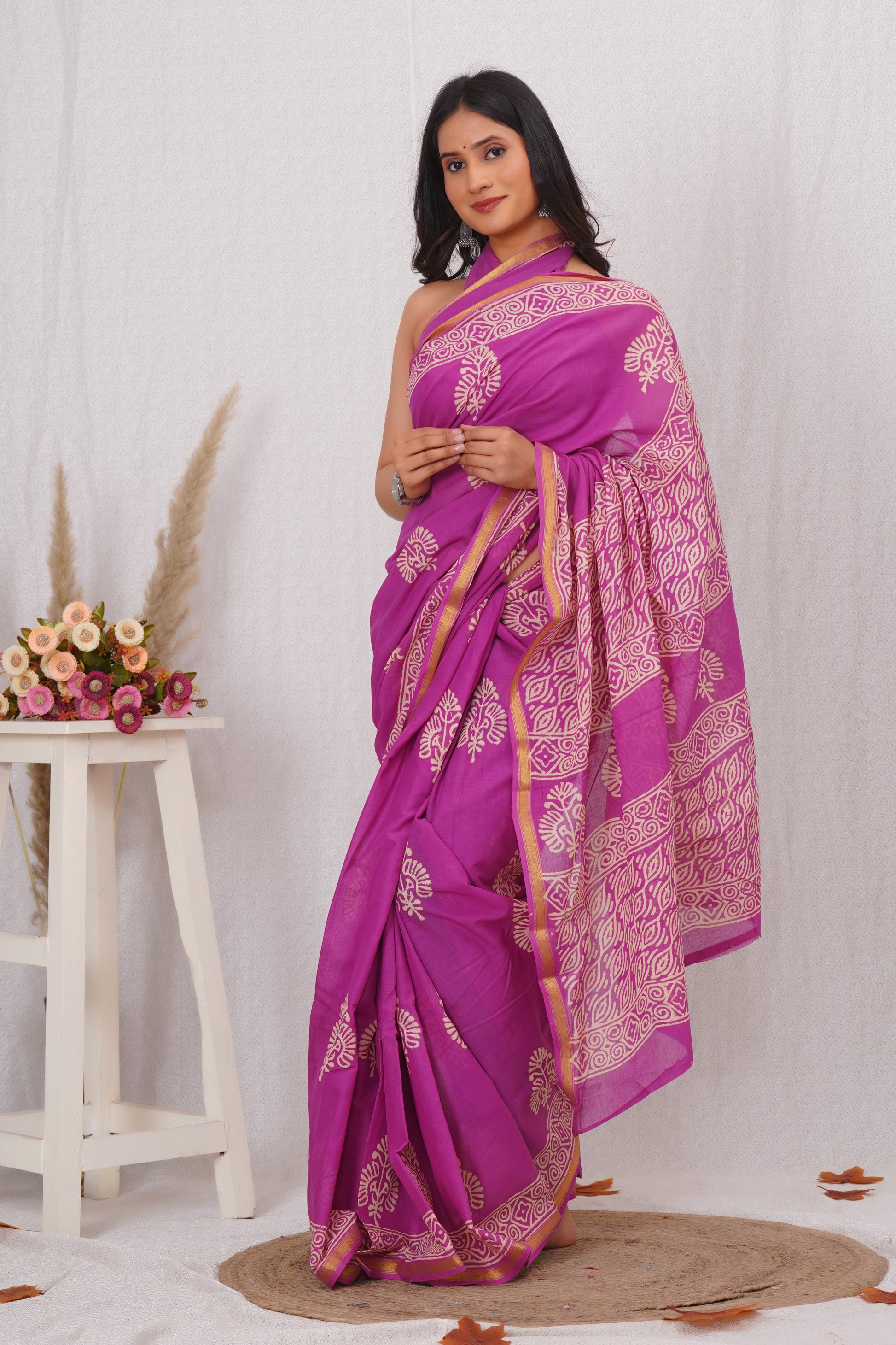 Magenta Pure Soft Cotton Mulmul Saree with Zari Border and Blouse Piece – Hand Block Printed with Organic Vegetable Dyes