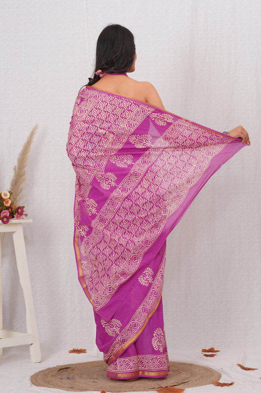 Magenta Pure Soft Cotton Mulmul Saree with Zari Border and Blouse Piece – Hand Block Printed with Organic Vegetable Dyes