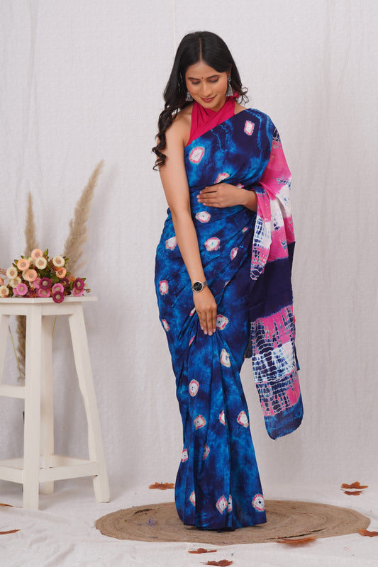 Blue and Pink Cotton Mulmul Saree With Blouse Piece