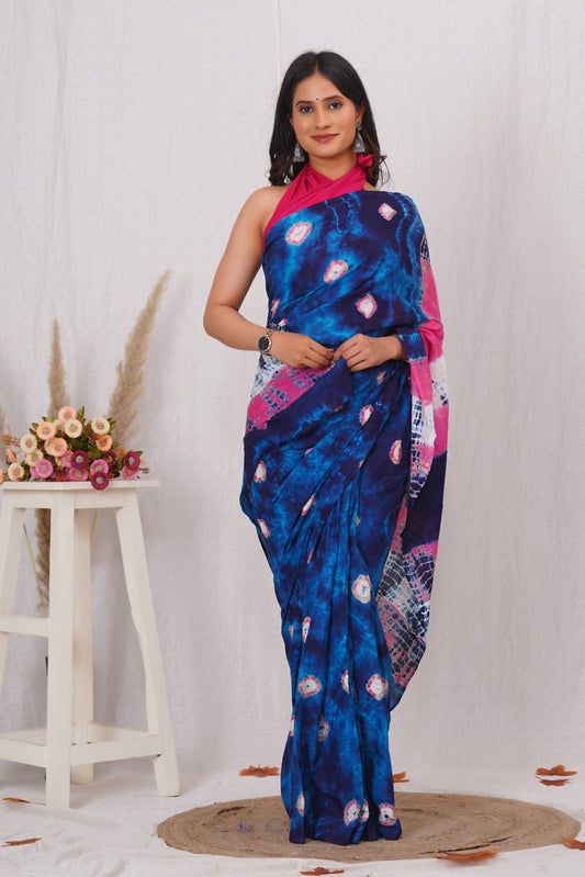 Blue and Pink Cotton Mulmul Saree With Blouse Piece