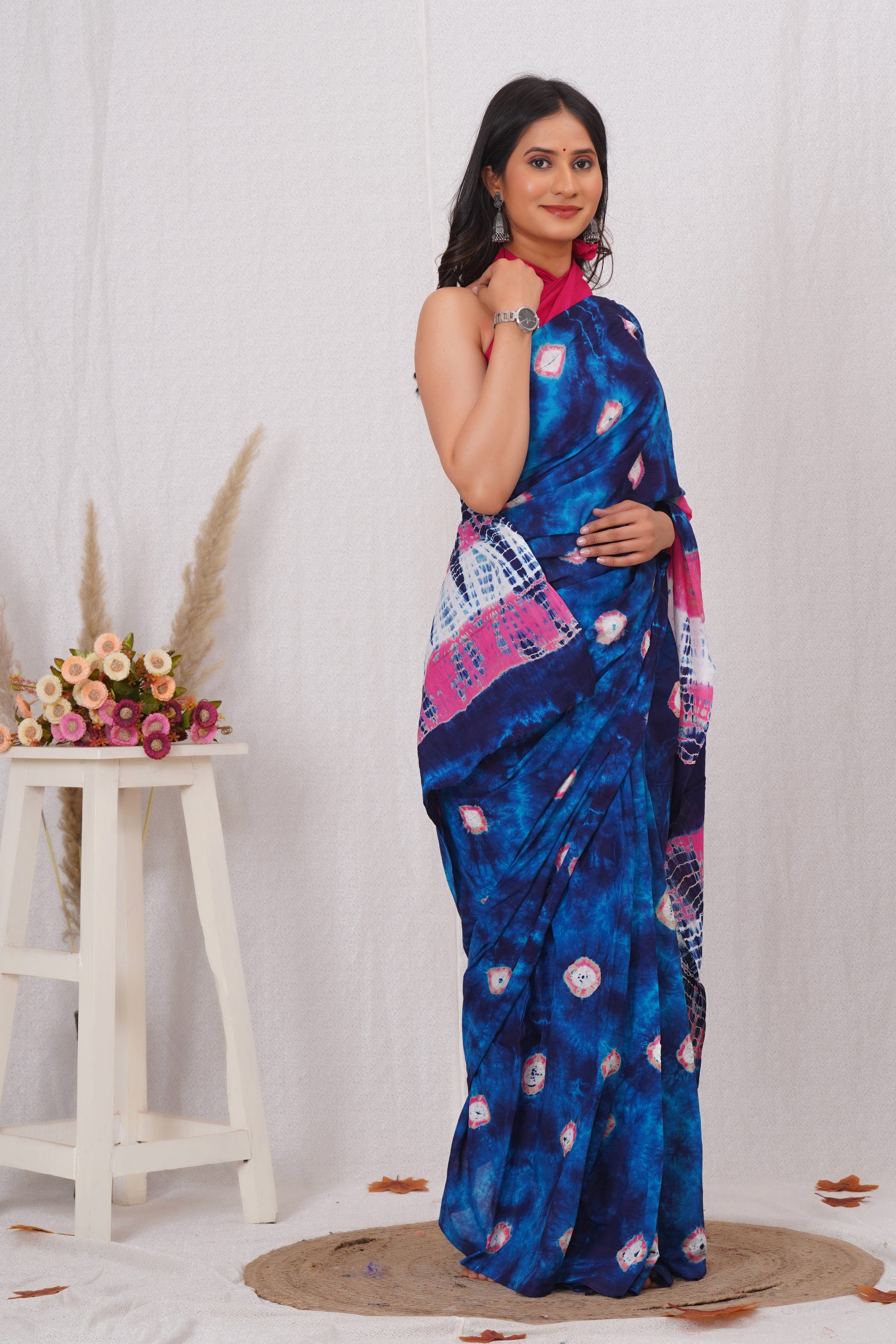 Blue and Pink Cotton Mulmul Saree With Blouse Piece