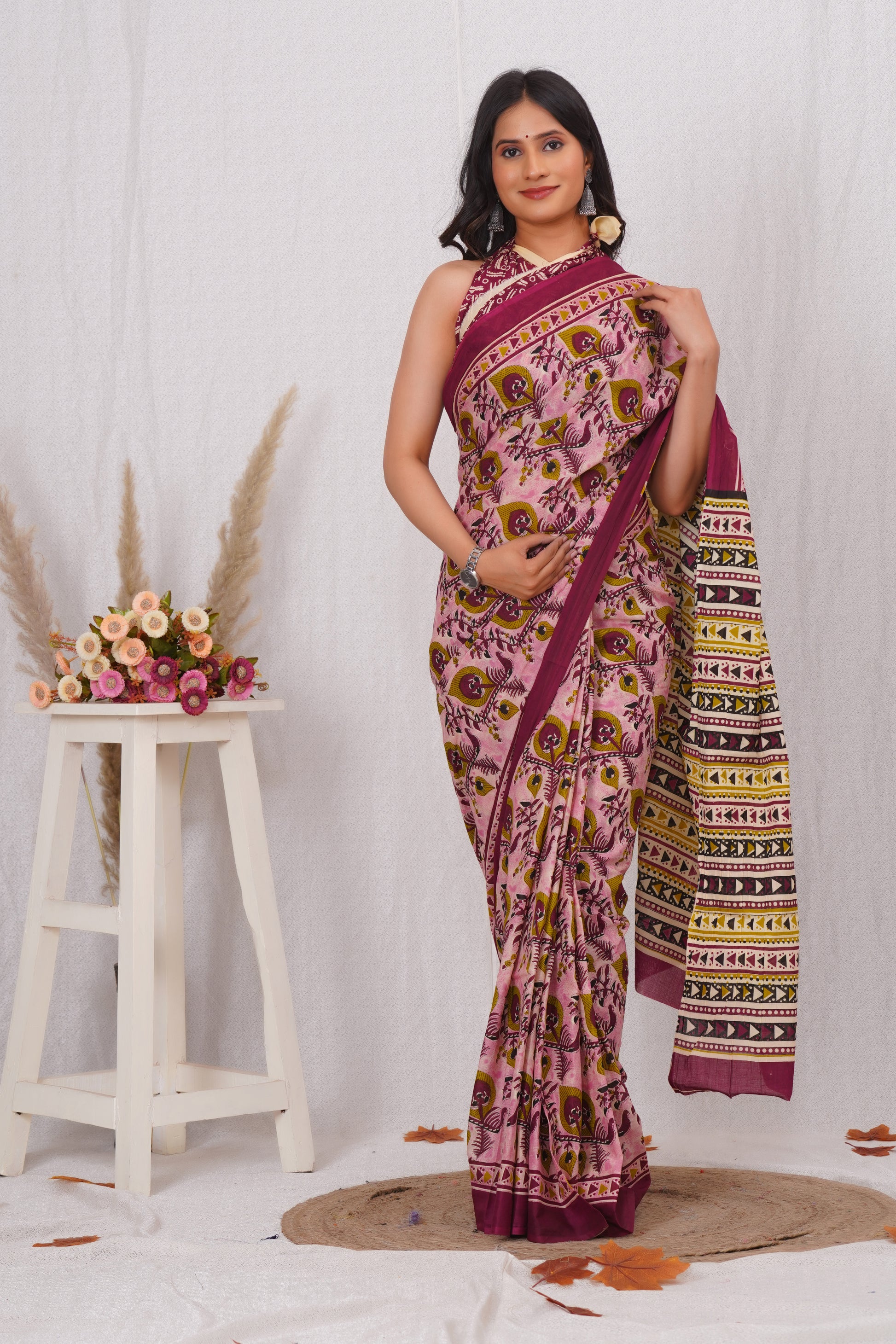 Wine Color Cotton Mulmul Saree With Blouse Piece