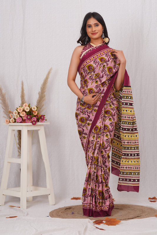Wine Color Cotton Mulmul Saree With Blouse Piece